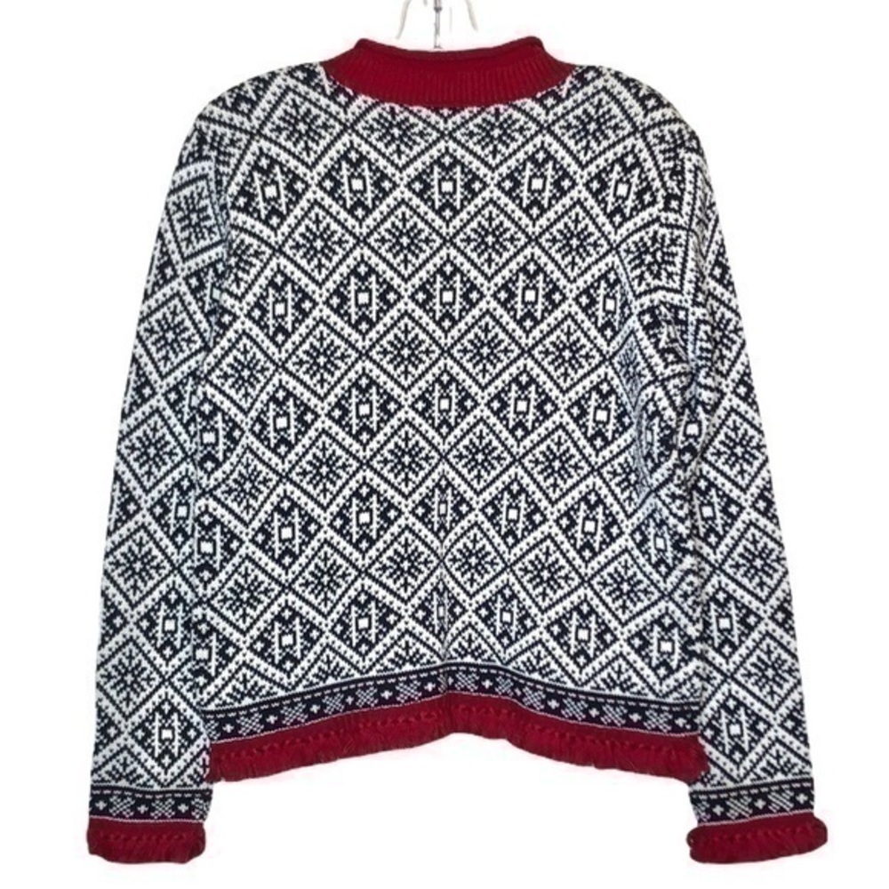 Talbots Black and White Nordic Fair Isle Snowflake Sweater with Red Fringe Small - Picture 4 of 9
